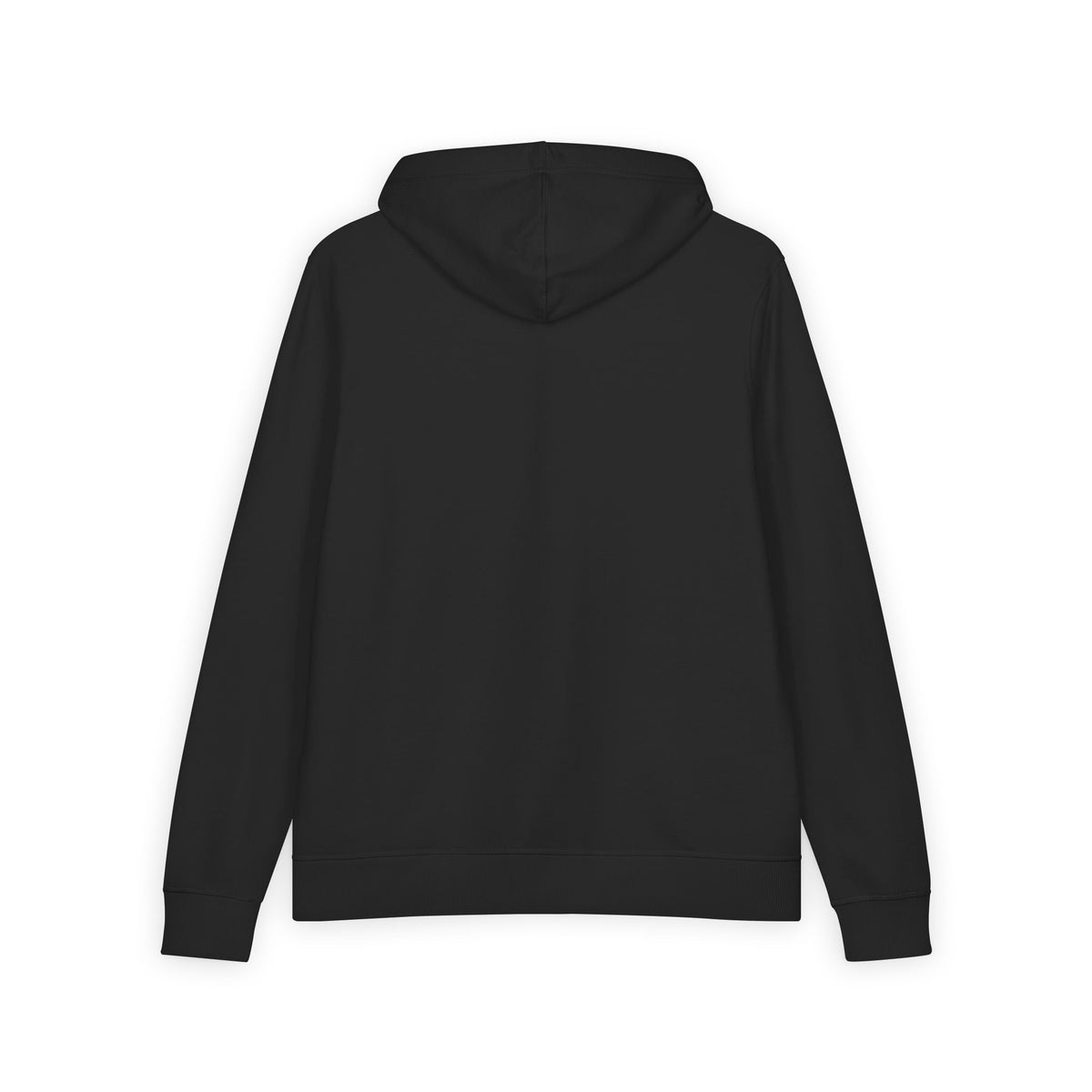 Back view of black Drummer By Nature pullover hoodie