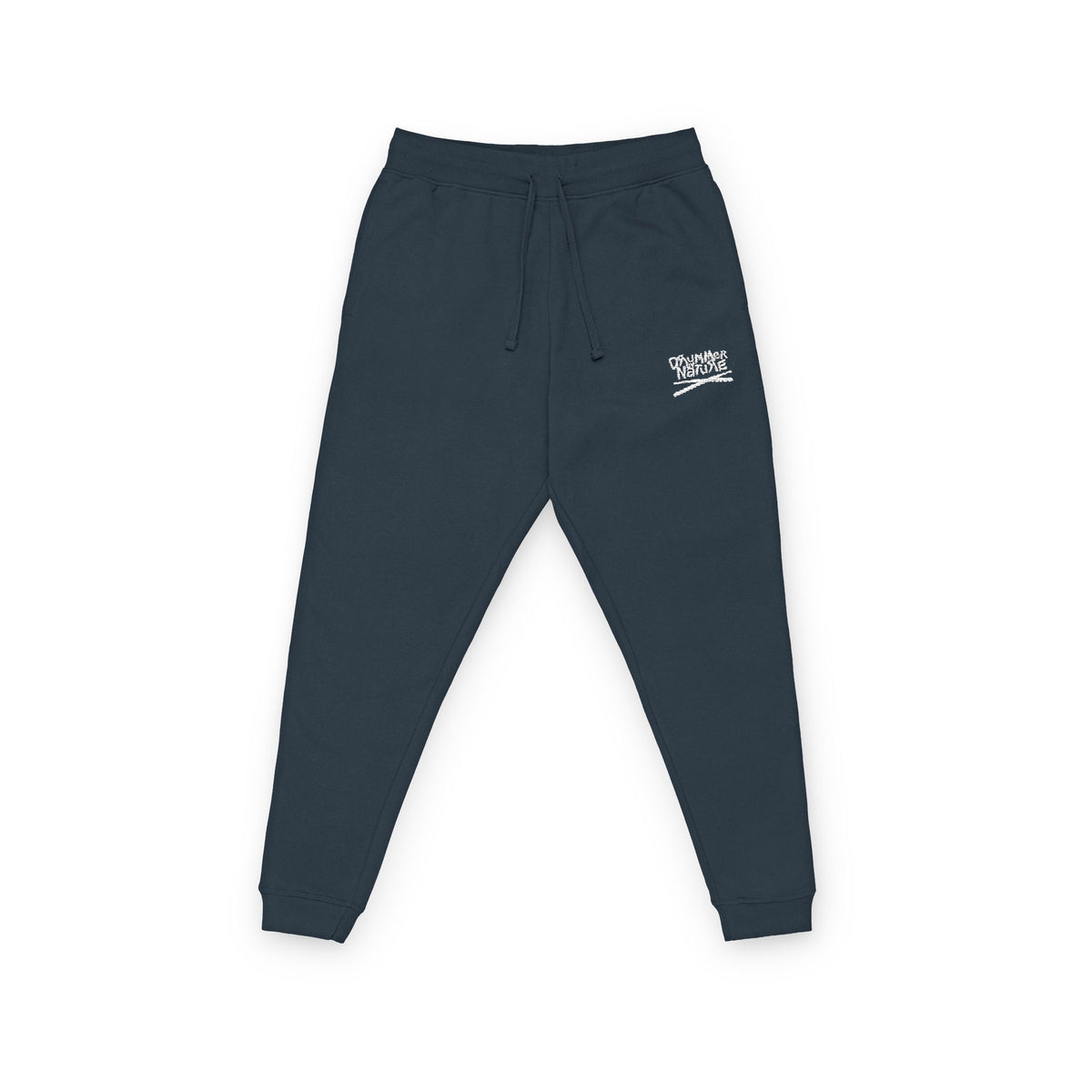 Navy Drummer By Nature joggers with white logo on front thigh