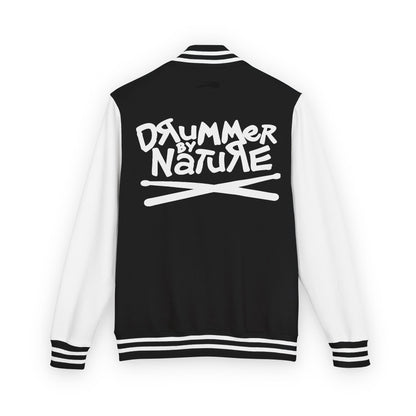 Drummer By Nature Black and white varsity jacket back view with white logo and crossed drumsticks