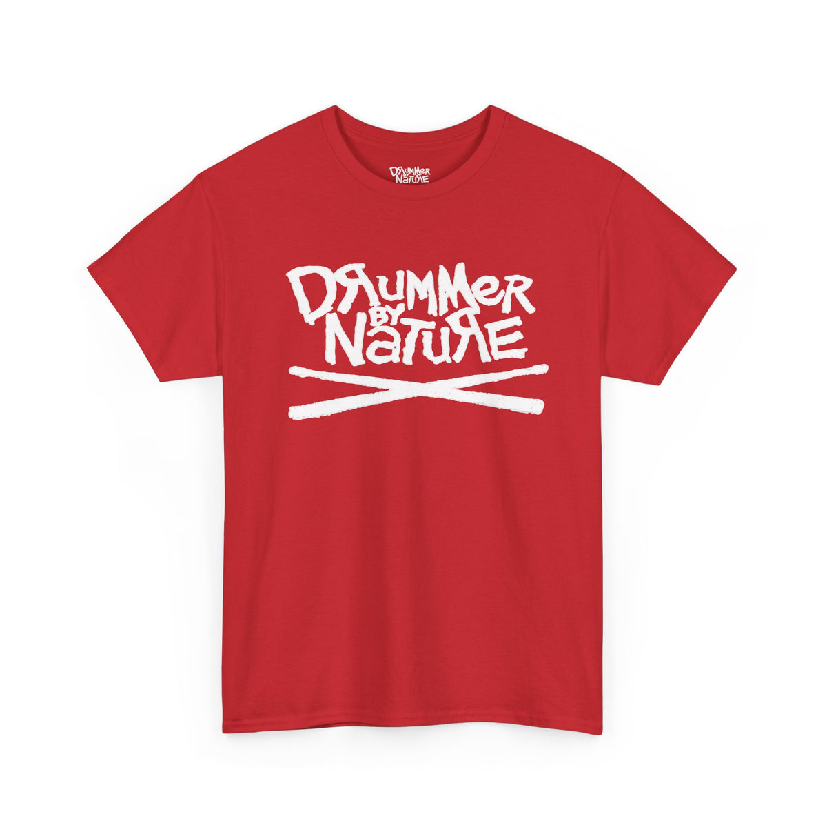 Red Drummer By Nature T-shirt with white logo 