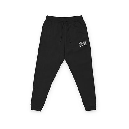 Drummer By Nature navy blue joggers with white logo on left thigh 